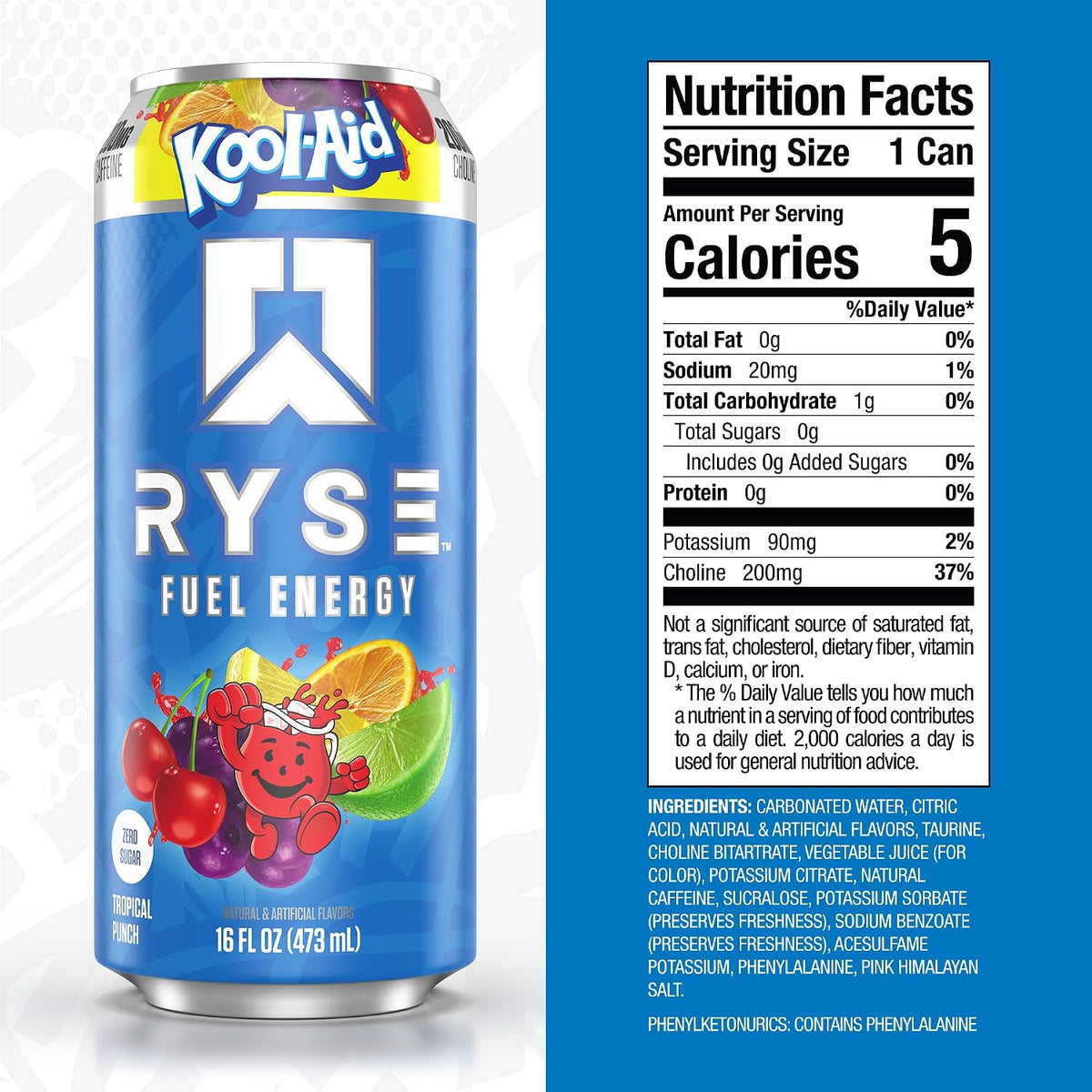 RYSE Fuel Energy Drink can in Kool-Aid Tropical Punch flavour, blue can beside its nutrition panel