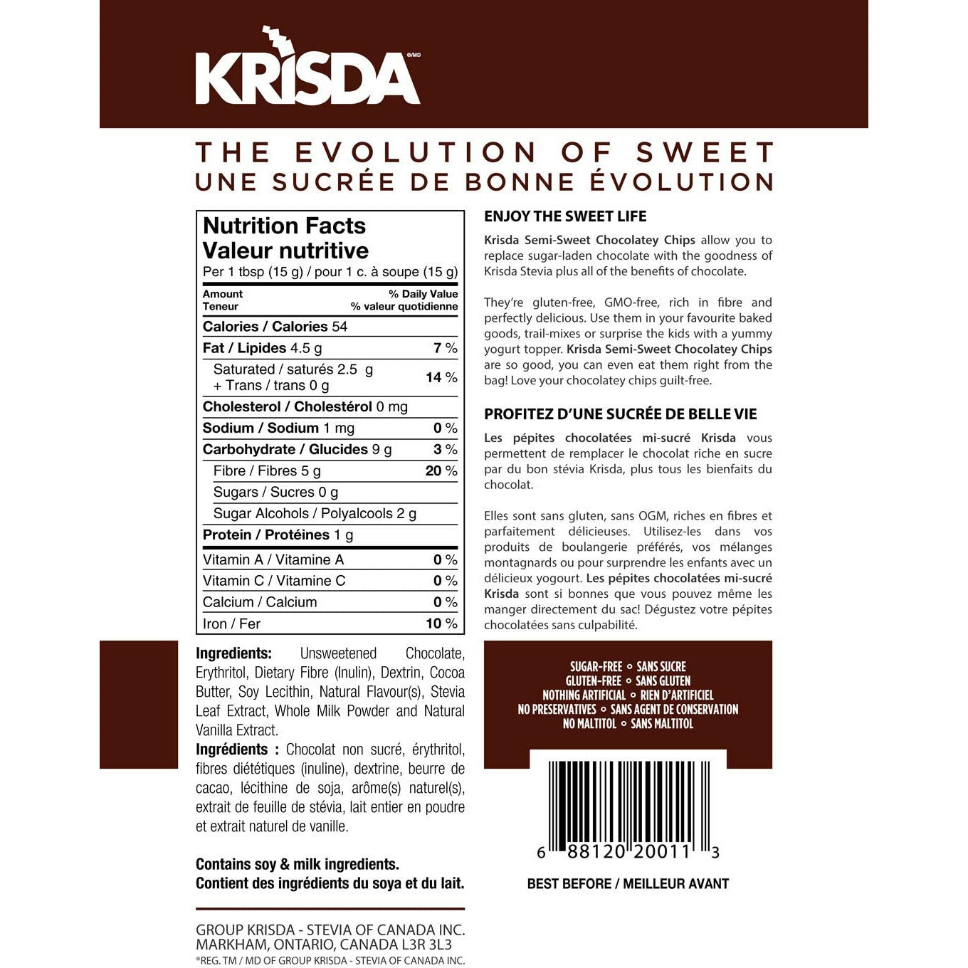 Krisda SUGAR-FREE Semi-Sweet Chocolatey Chips (285g) 