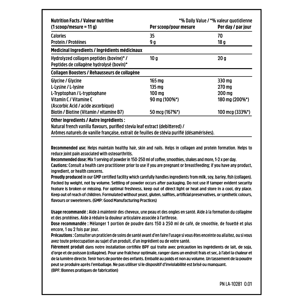 North Coast Naturals Bovine Collagen Supplement Facts label