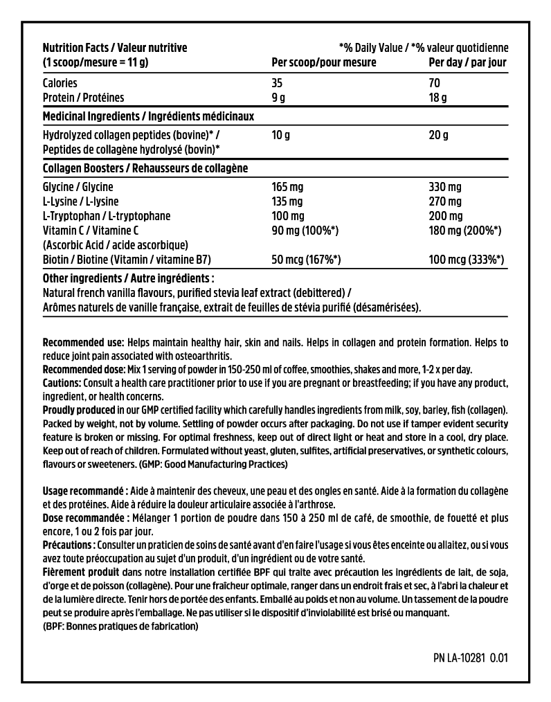 North Coast Naturals Bovine Collagen 500g Supplement Facts label — bilingual NHPD panel