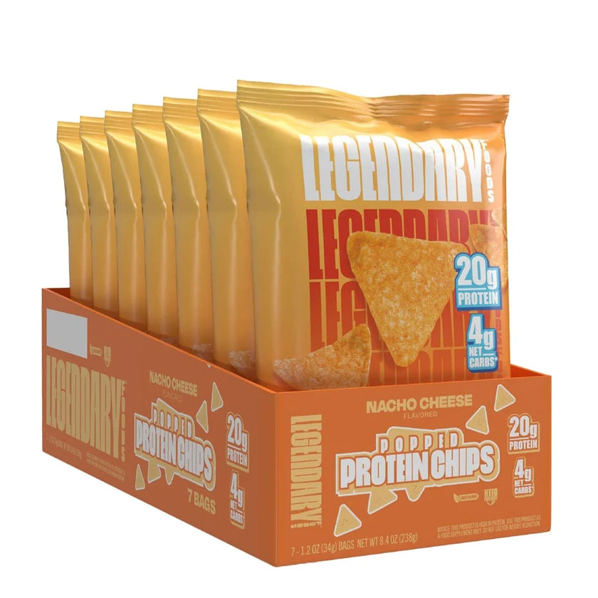 Legendary Foods Nacho Cheese Popped Protein Chips box of 7 bags, orange carton, 20g protein and 4g net carbs