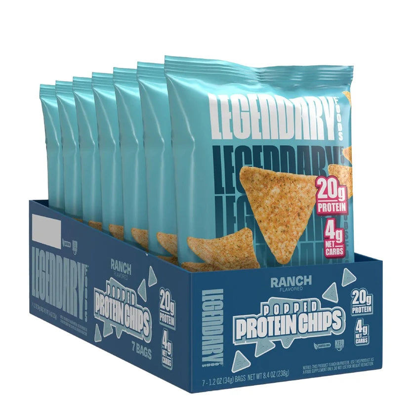 Legendary Foods Ranch Popped Protein Chips box of 7 bags, light blue carton, 20g protein and 4g net carbs