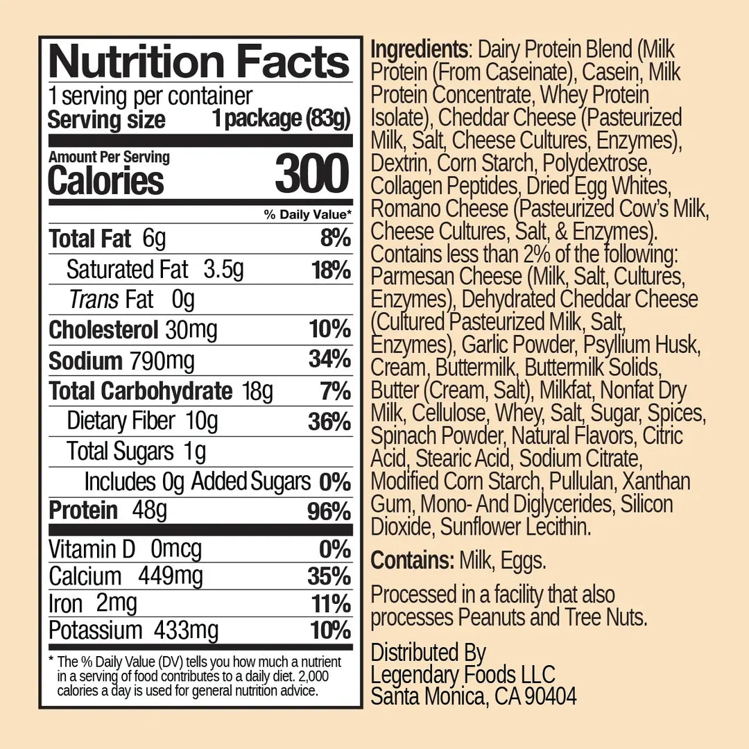Nutrition Facts and ingredient panel for Legendary Garlic Parmesan protein pasta: 300 cal, 48g protein, 8g net carbs.