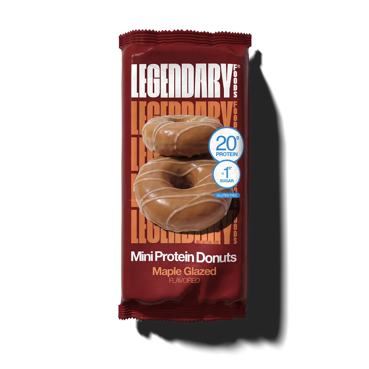 Legendary Maple Glazed Protein Donuts single pack front, red wrapper, 20g protein, <1g sugar, gluten-free