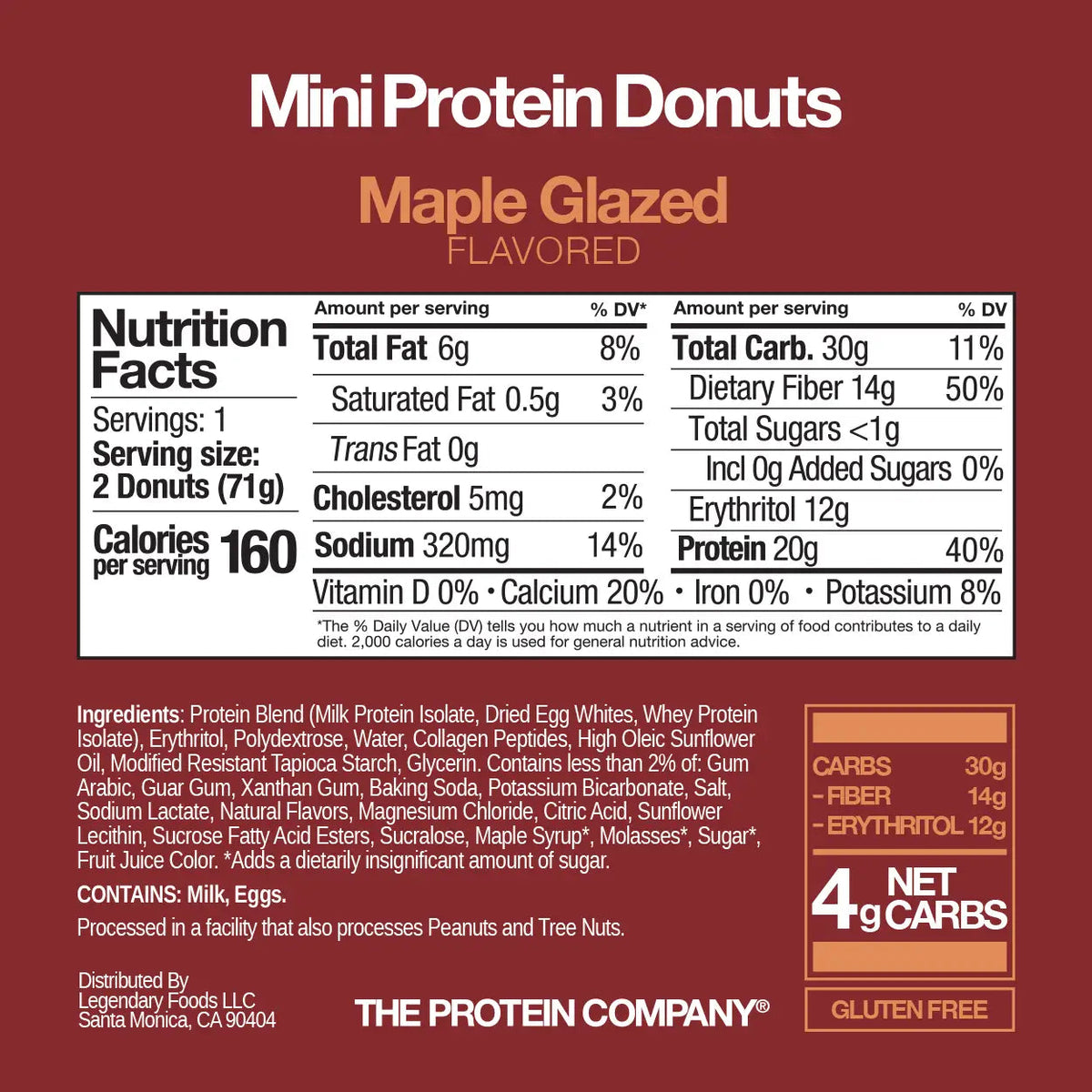 Legendary Maple Glazed Protein Donuts Nutrition Facts and ingredients, 160 calories, 20g protein, <1g sugar