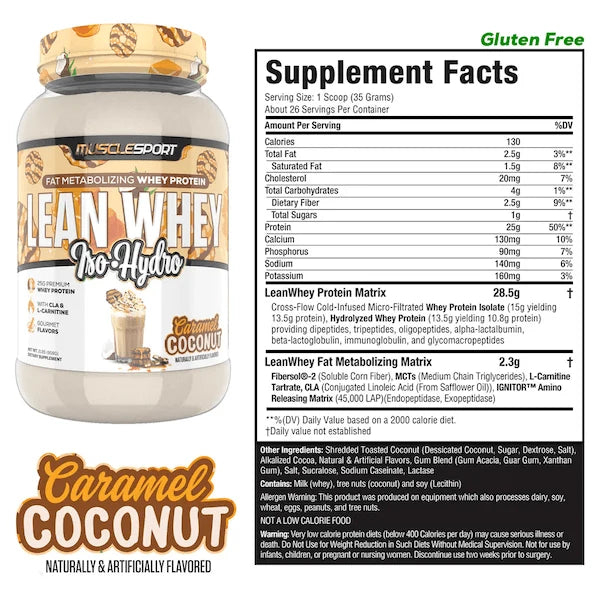 MuscleSport Lean Whey Caramel Coconut Iso Hydro gourmet whey isolate tub