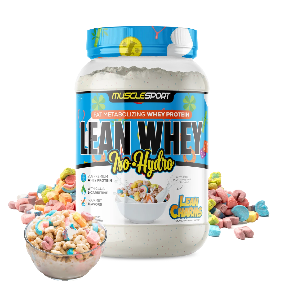 MuscleSport Lean Whey Lean Charms protein powder with flavor scoop