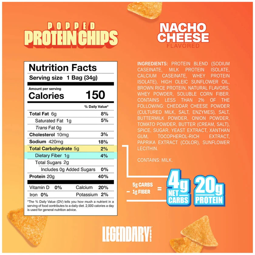 Legendary Foods Popped Protein Chips — high-protein gluten-free popped chips, 20g protein and 160 calories per bag