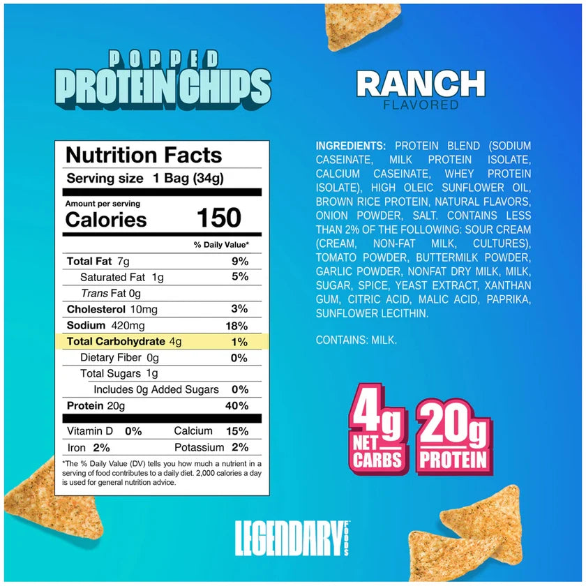 Legendary Foods Popped Protein Chips — high-protein gluten-free popped chips, 20g protein and 160 calories per bag