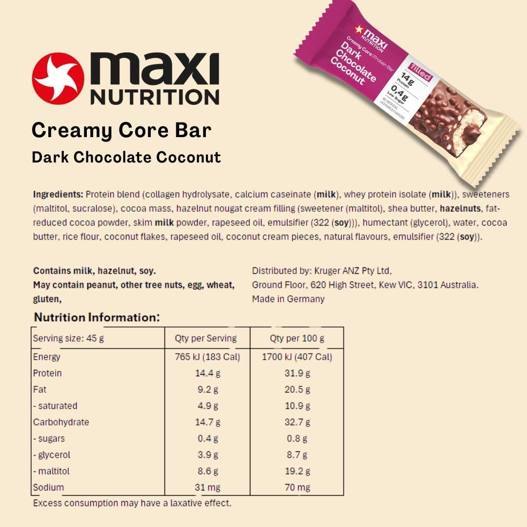 Maxi Creamy Core Protein Bar Dark Chocolate Coconut ingredients and nutrition table, 14g protein