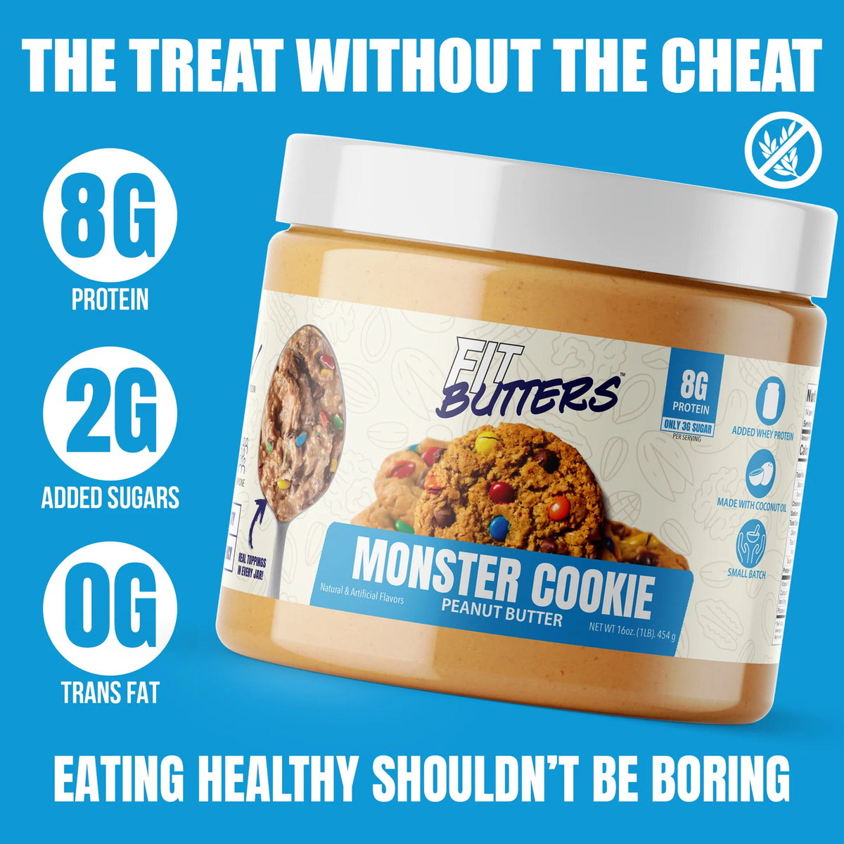 Fit Butter Monster Cookie peanut butter, open jar showing chocolate and candy-style mix-ins
