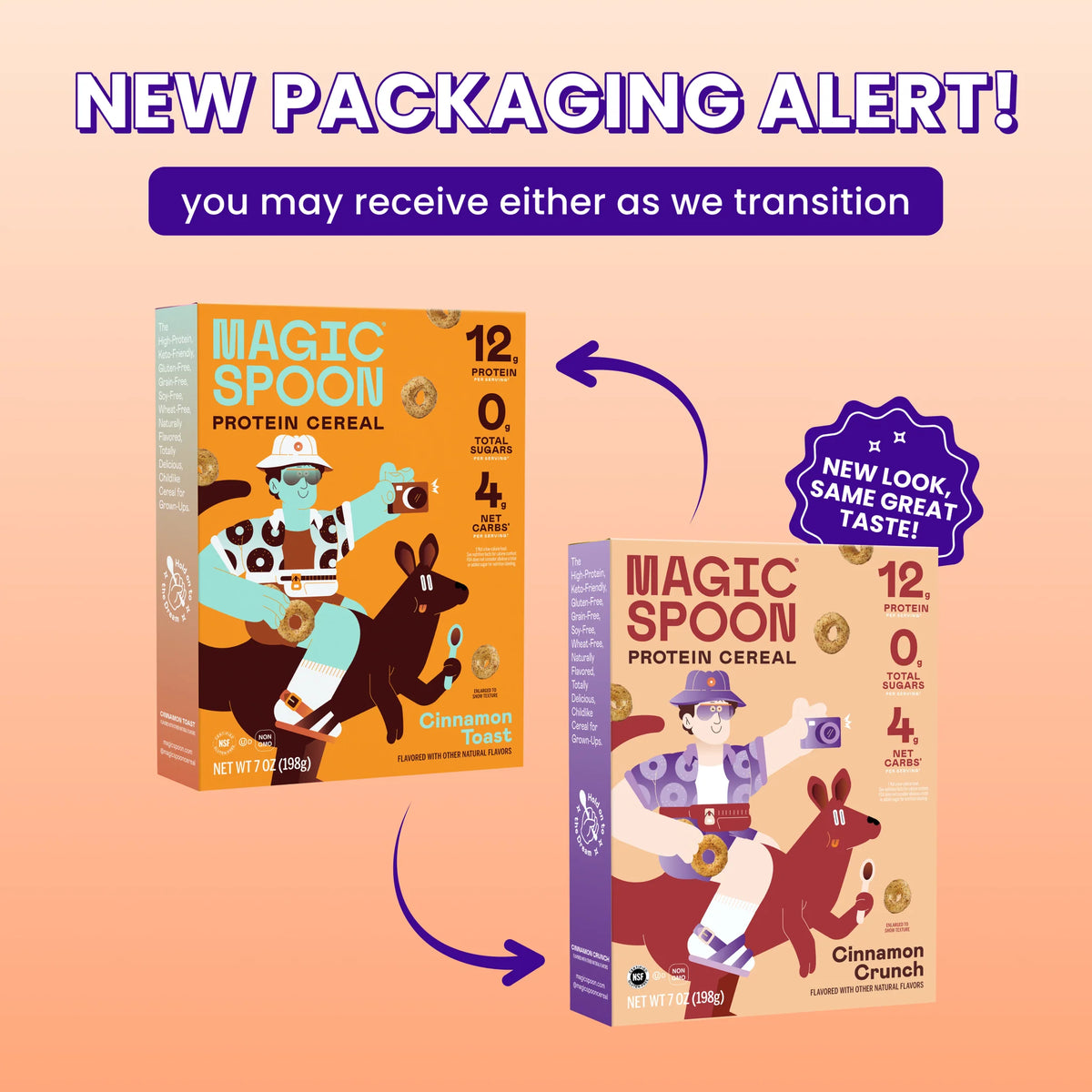 Magic Spoon Protein Cereal new packaging alert — Cinnamon Crunch box transitioning to an updated design