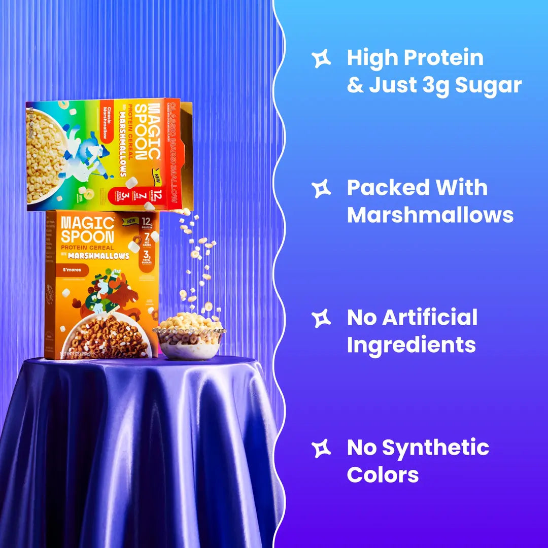 Magic Spoon Protein Cereal benefits — high protein, 3g sugar, packed with marshmallows, no synthetic colors