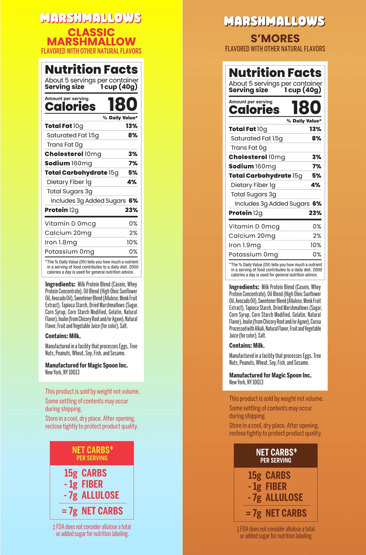 Magic Spoon Protein Cereal Nutrition Facts panels — Classic Marshmallow and S'mores, 180 calories per serving