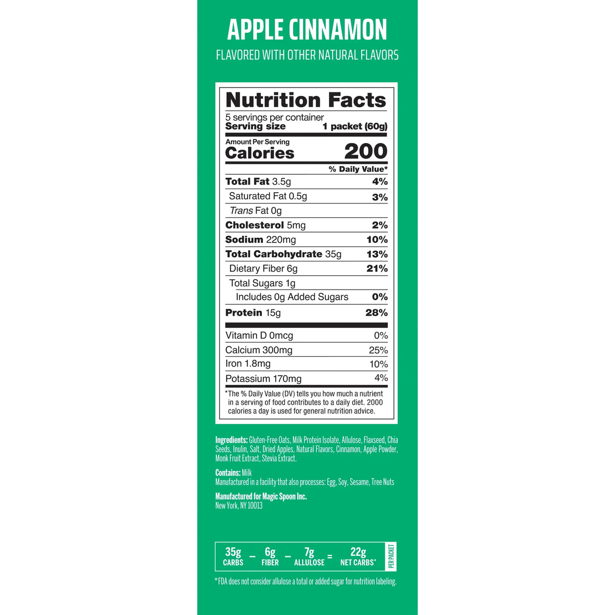 Magic Spoon Apple Cinnamon Protein Oatmeal Nutrition Facts — 200 calories, 15g protein, 1g sugar
