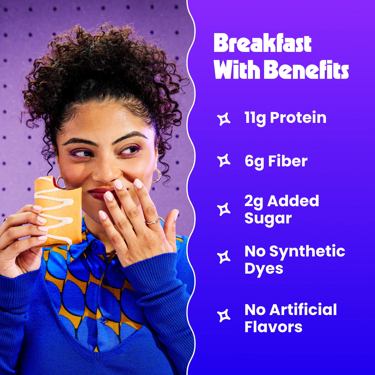 Woman biting a Magic Spoon Protein Pastry beside benefits — 11g protein, 6g fiber, 2g added sugar, no dyes