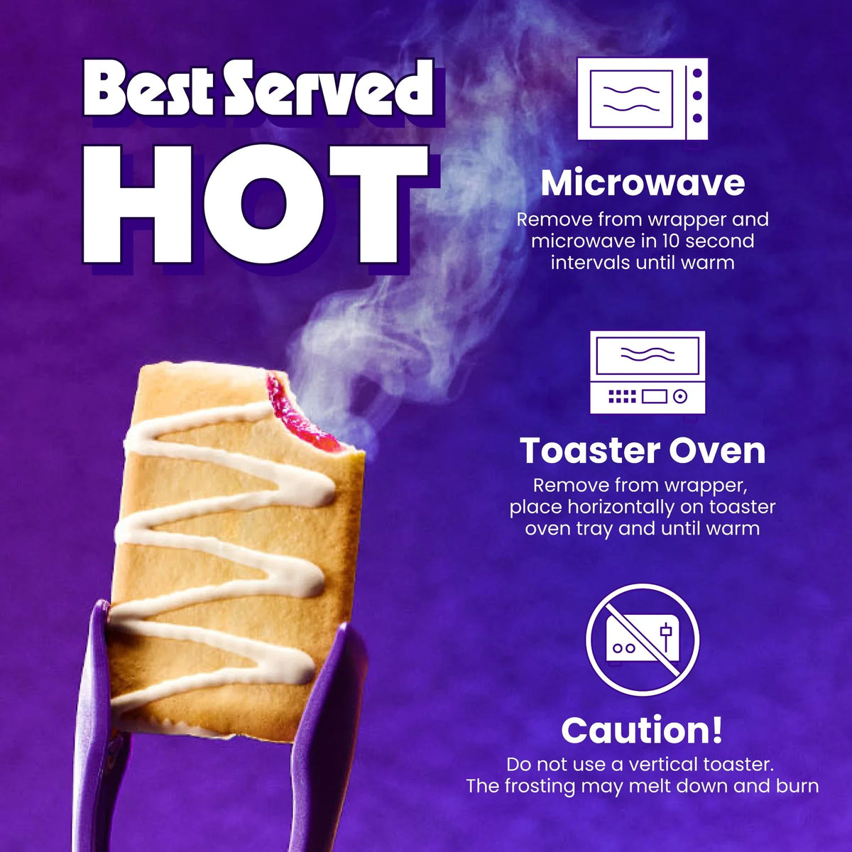 Magic Spoon Protein Pastries best served hot — microwave or toaster oven heating instructions with caution note