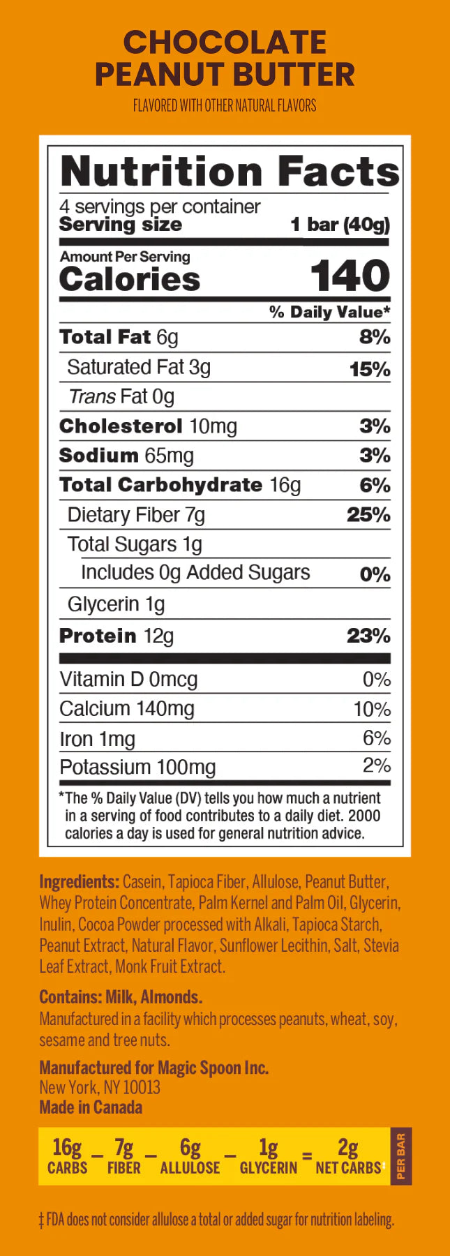 Magic Spoon Treats Keto Protein Bar Nutrition Facts panel — 12g protein, 2g net carbs
