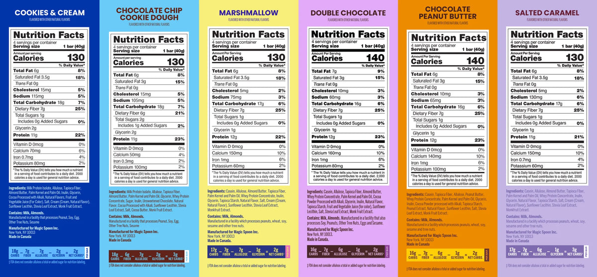 Magic Spoon Treats Nutrition Facts panels compared across flavors — about 130 to 140 calories and 11 to 12g protein