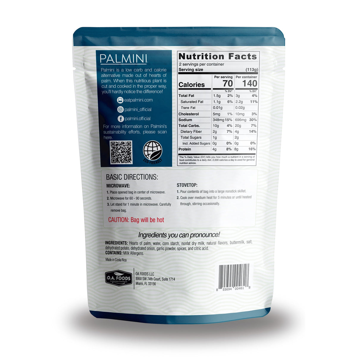 Palmini Hearts of Palm Butter & Herb Mashed pouch back with Nutrition Facts panel and directions