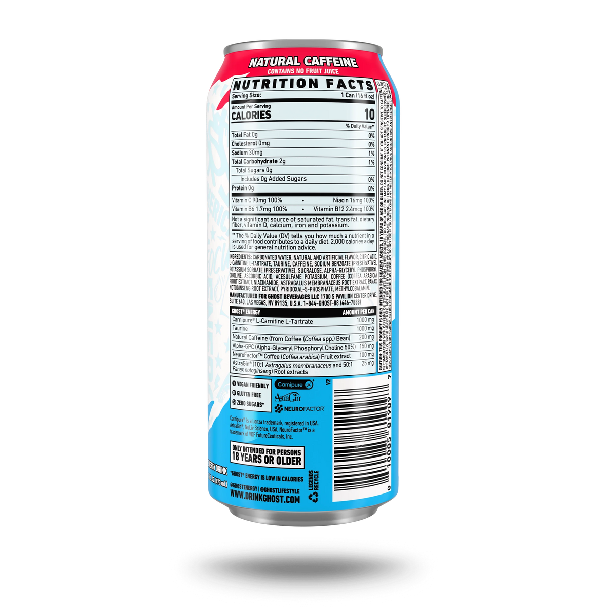 GHOST Energy USA Merica Pop — Nutrition Facts label, 16 fl oz can, 200mg natural caffeine