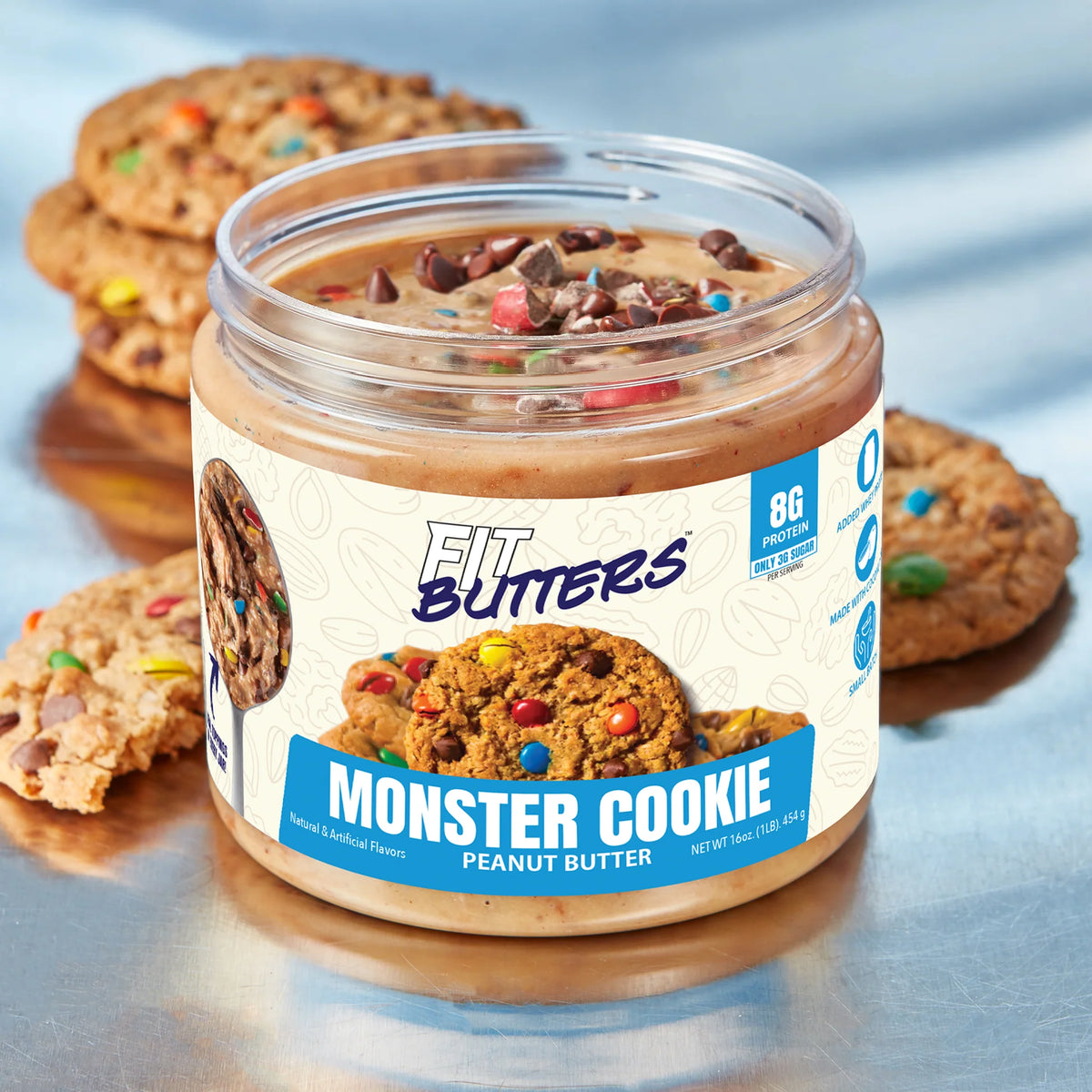Fit Butter Monster Cookie high-protein peanut butter jar, side view of the label