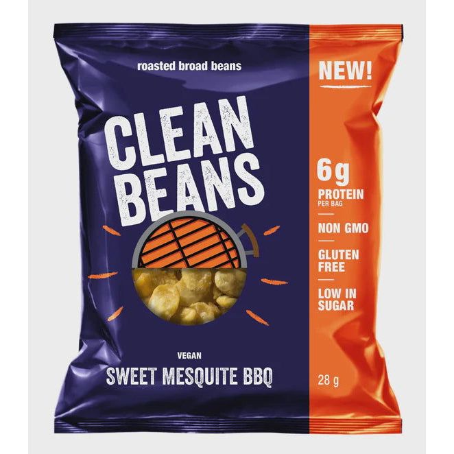 Nutraphase Clean Beans Sweet Mesquite BBQ single-serve 28g bag, roasted broad beans, 6g protein