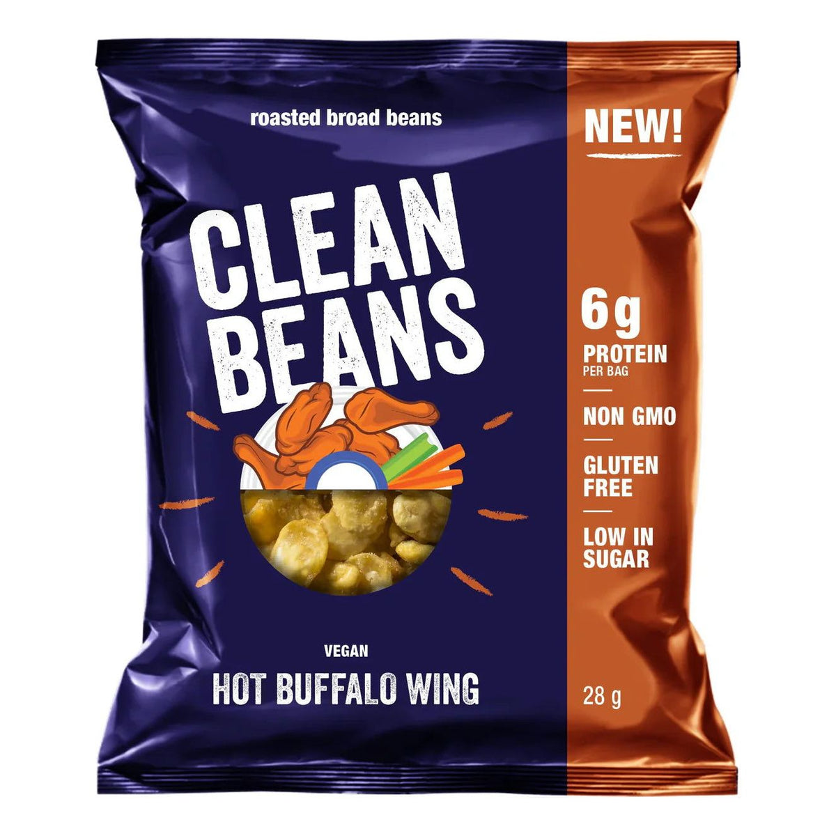 Nutraphase Clean Beans Hot Buffalo Wing single-serve 28g bag, roasted broad beans, 6g protein