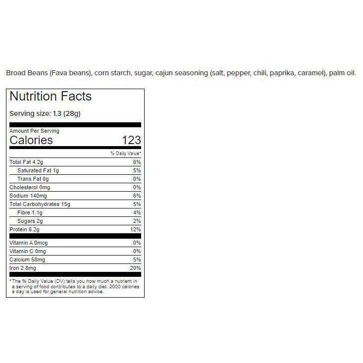 Nutraphase Clean Beans Spicy Cajun Nutrition Facts panel, 123 calories per 28g bag