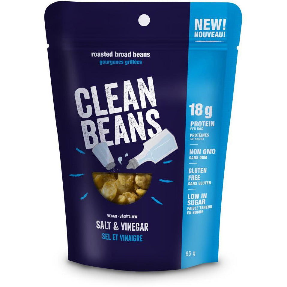 Nutraphase Clean Beans Salt and Vinegar roasted broad beans, blue bag, vegan gluten-free snack