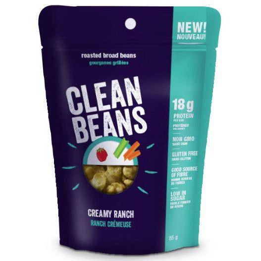 Nutraphase Clean Beans Creamy Ranch roasted broad beans, teal bag, vegan gluten-free snack