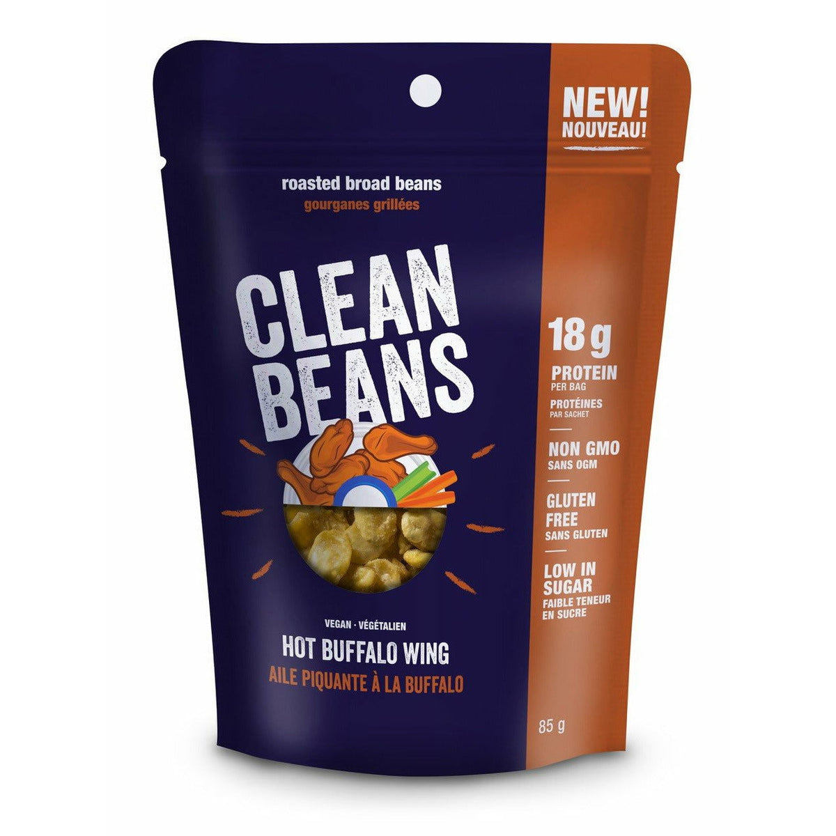 Nutraphase Clean Beans Hot Buffalo Wing roasted broad beans, red-orange bag, 18g protein vegan