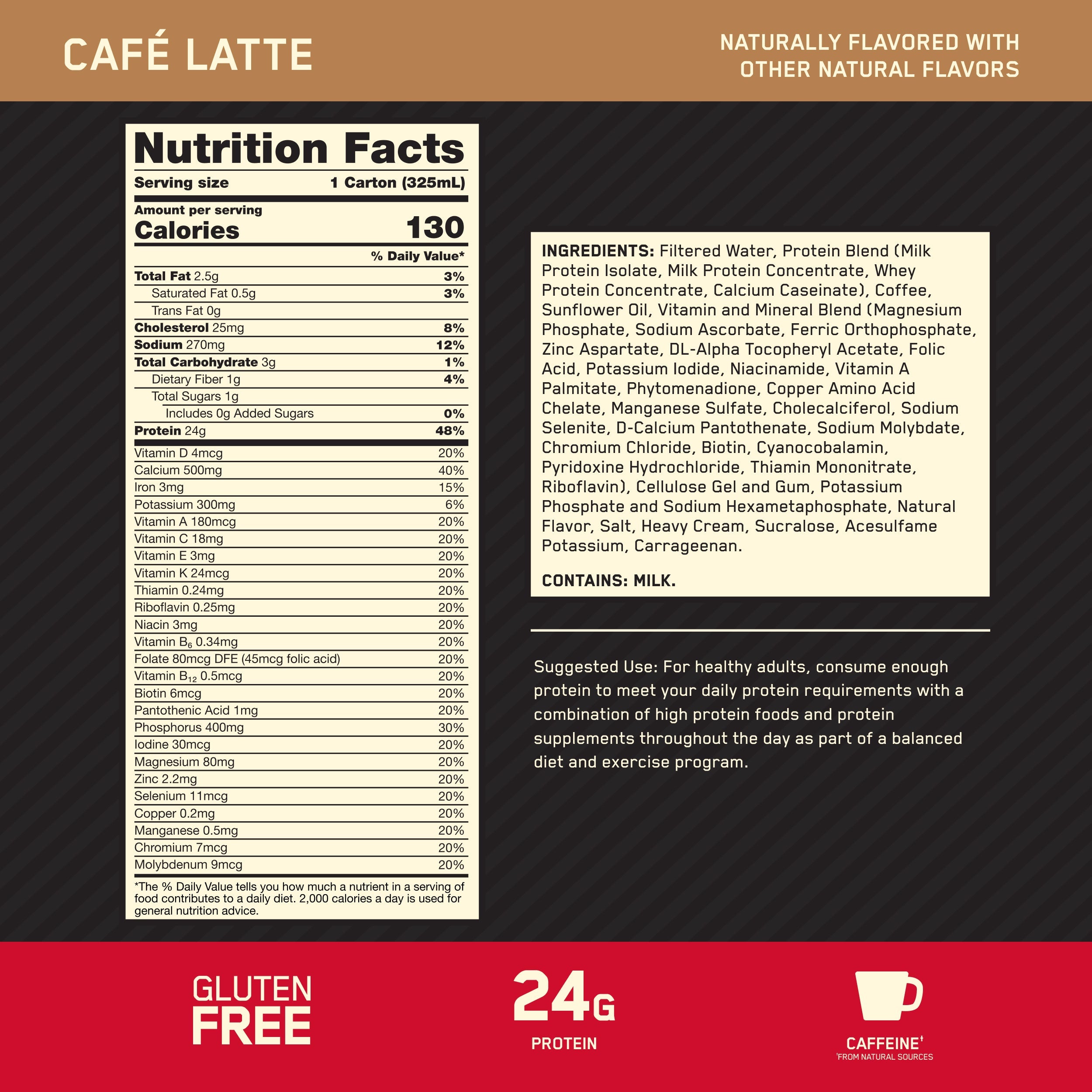 Optimum Nutrition Gold Standard RTD Protein Shake Nutrition Facts panel — 24g protein, 24 vitamins