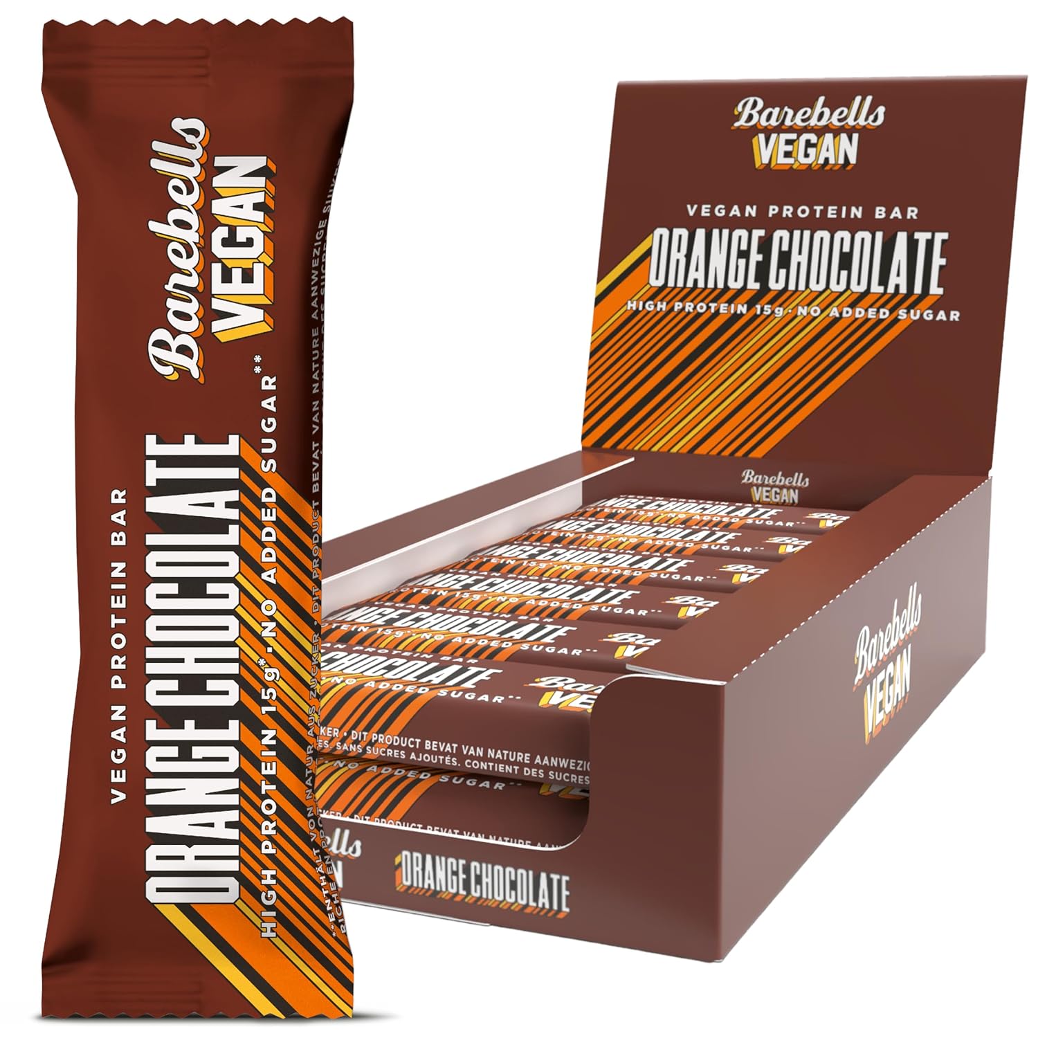 Barebells VEGAN Protein Bar Orange Chocolate — box of 12 with single bar, 15g protein no added sugar