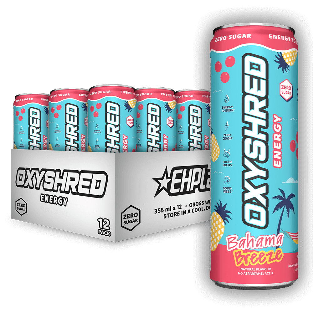 EHP Labs OxyShred Energy Drink case of 12 cans — Bahama Breeze, zero sugar 355ml multipack