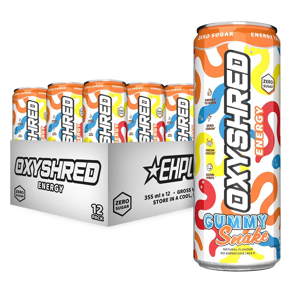 EHP Labs OxyShred Energy Drink case of 12 cans — Gummy Snake, zero sugar 355ml multipack