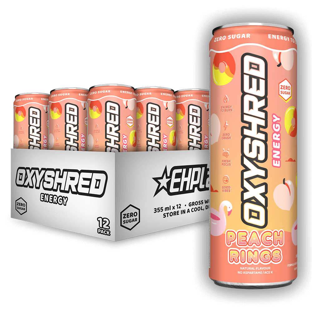 EHP Labs OxyShred Energy Drink case of 12 cans — Peach Rings, zero sugar 355ml multipack