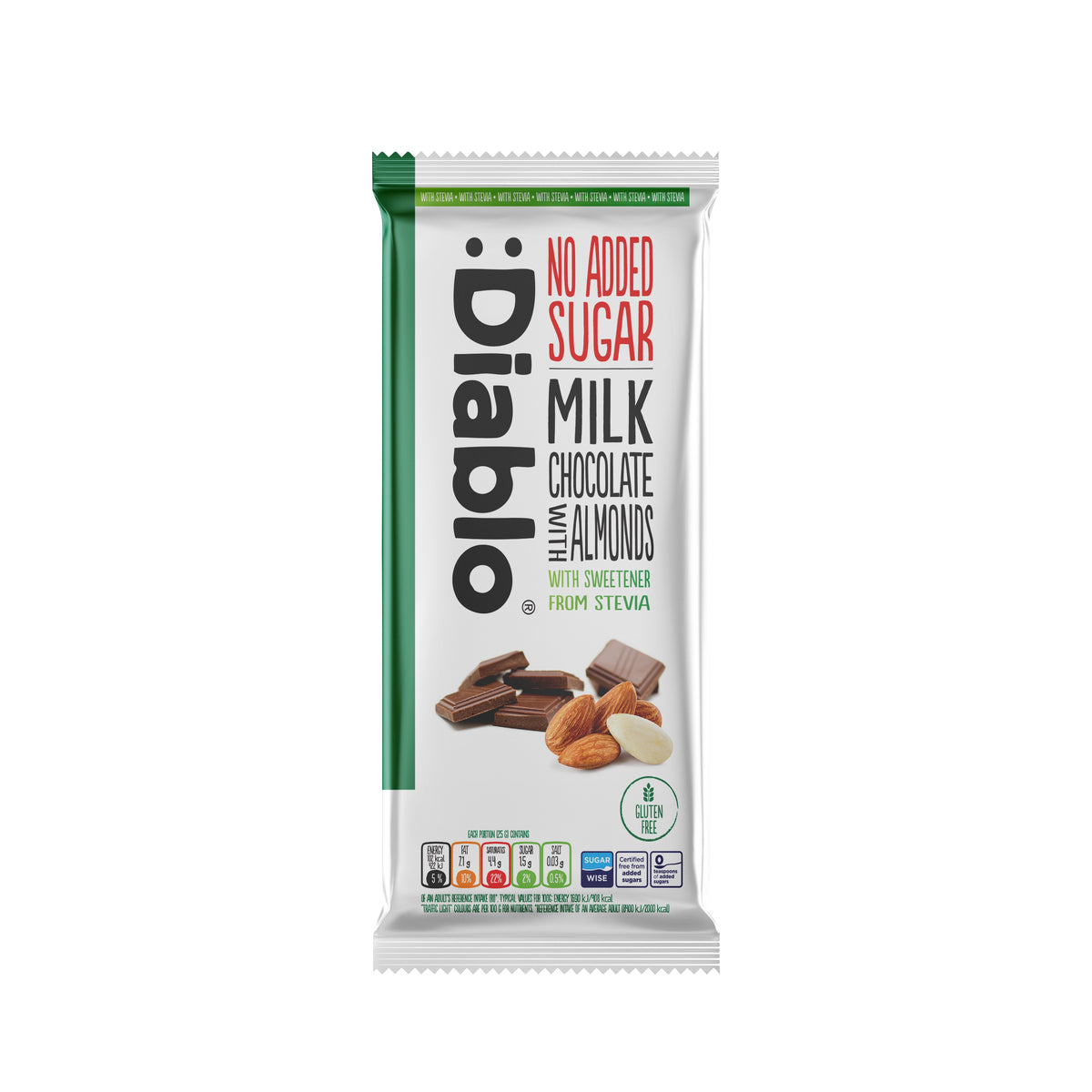 Diablo No Added Sugar Milk Chocolate with Almonds bar, 75g, sweetened with stevia, front of pack