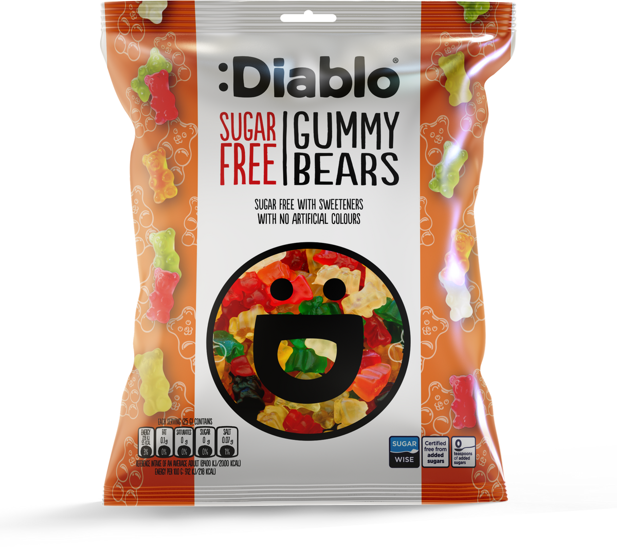 Diablo Sugar Free Gummy Bears 75g bag, no added sugar fruit gummies with sweeteners and no artificial colours