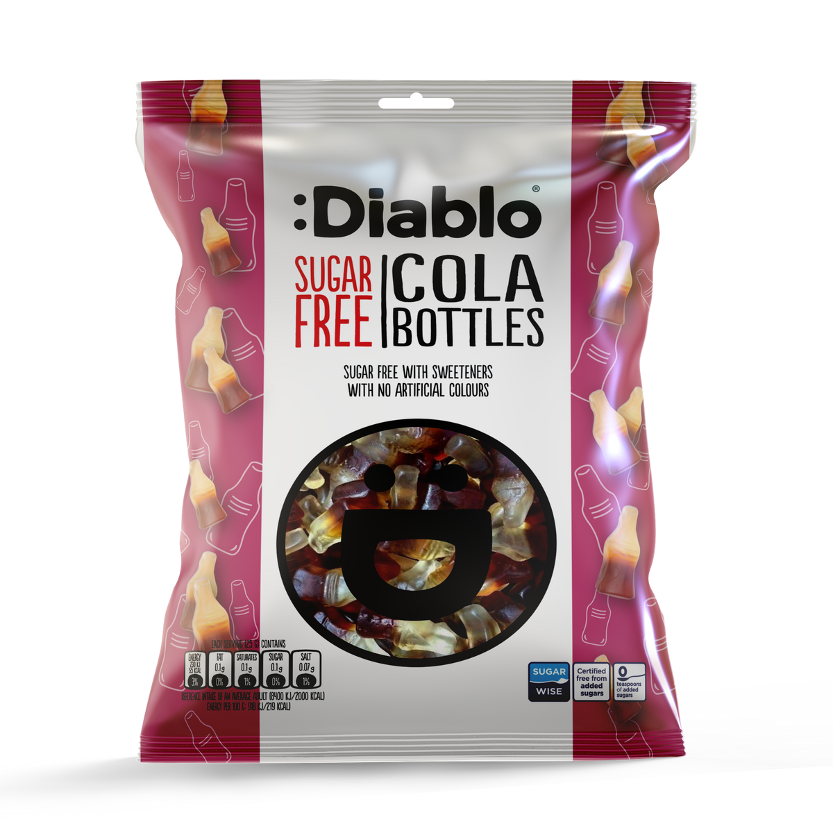 Diablo Sugar Free Cola Bottles gummy candy in a 75g bag, no added sugar with no artificial colours