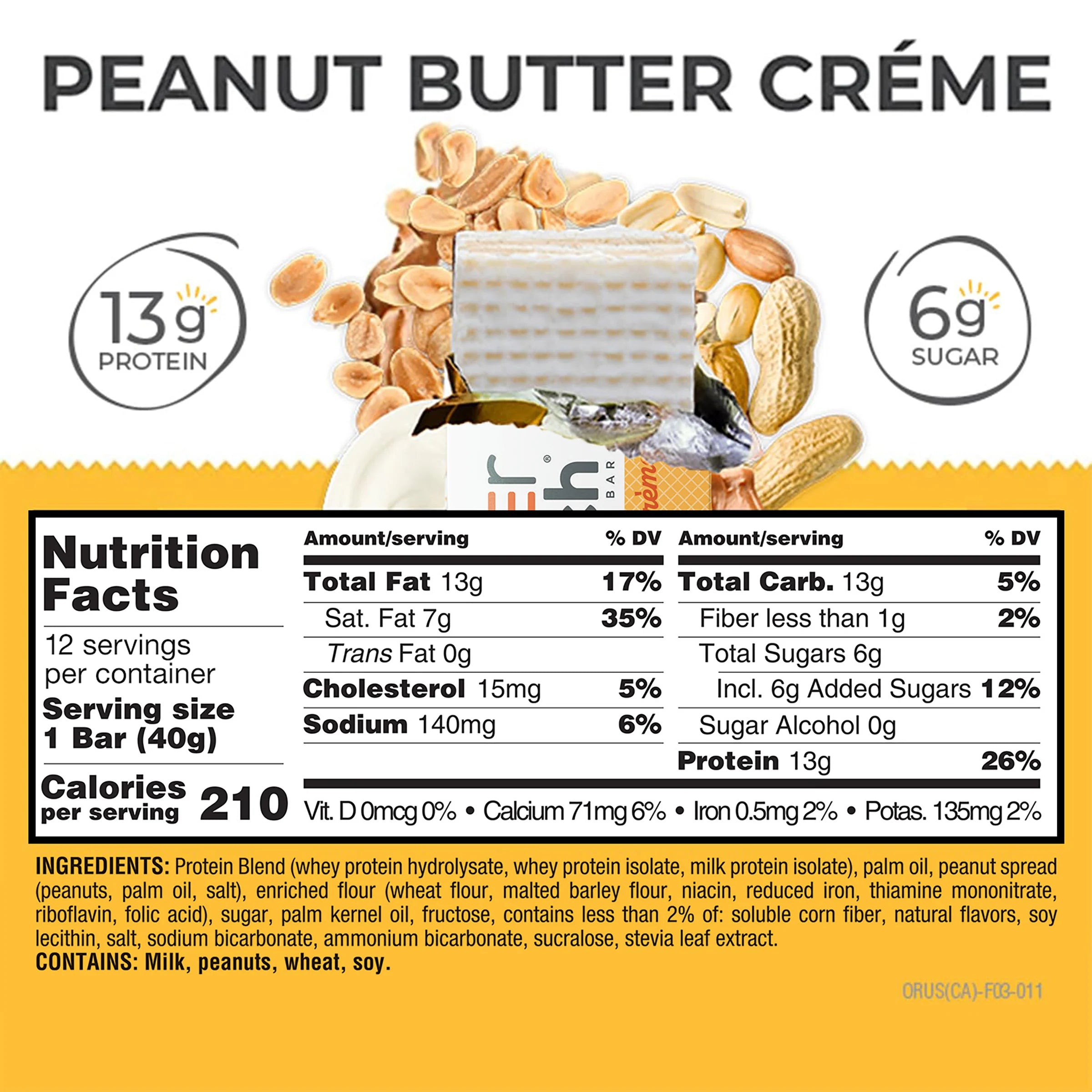 Power Crunch Protein Bar Peanut Butter Creme Nutrition Facts label — 13g protein, 6g sugar per bar
