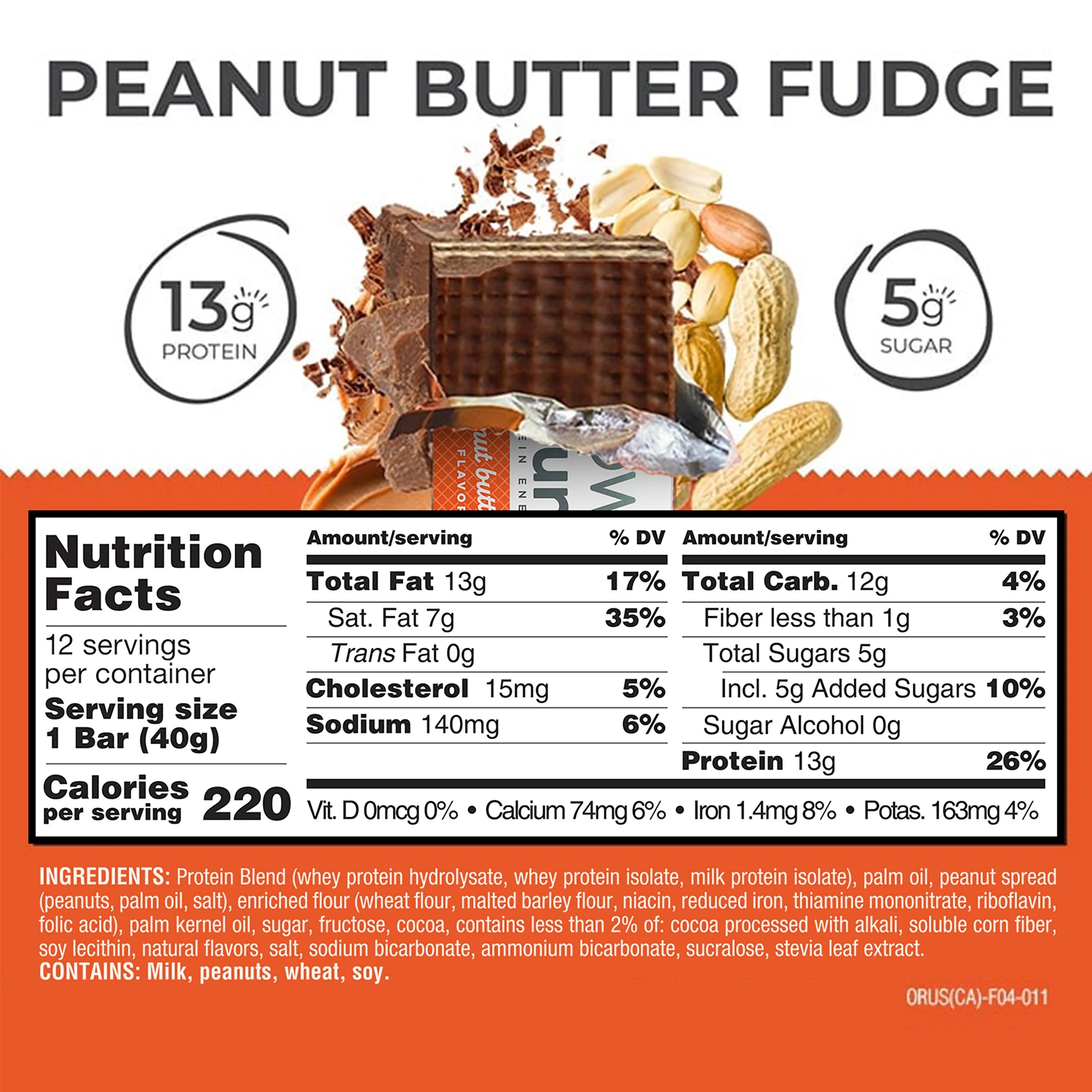 Power Crunch Protein Bar Peanut Butter Fudge Nutrition Facts label — 13g protein, 5g sugar per bar