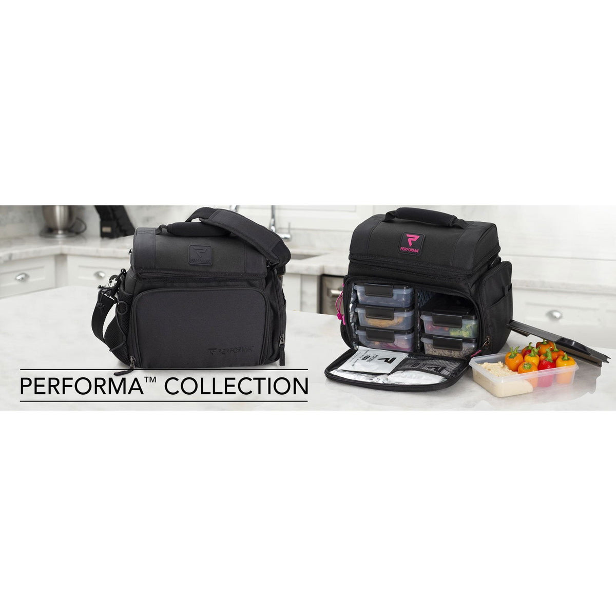 Performa MATRIX 6 Meal Cooler Bag side organizer pocket sized to hold a shaker bottle plus gym snacks and keys