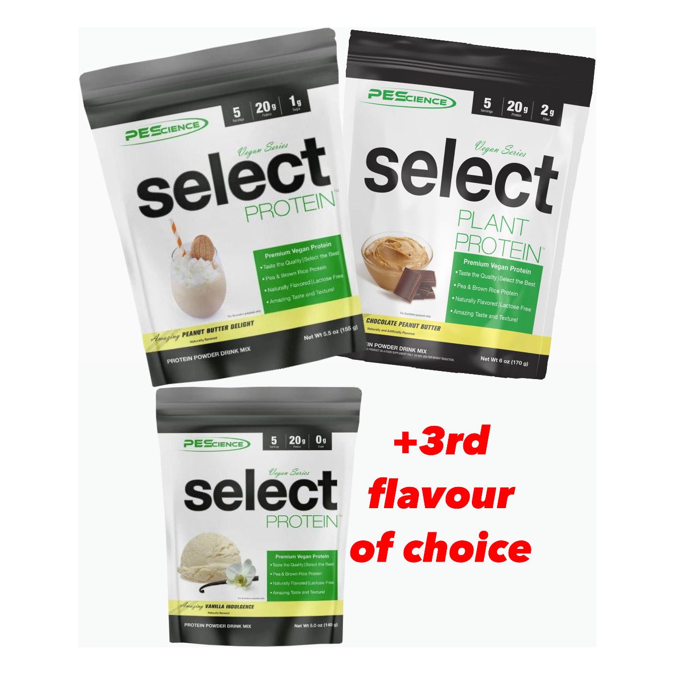 PEScience Vegan 3 Trial Size Variety Pack (PB, Choc PB + 1 flavour of choice) - Top Nutrition and Fitness 