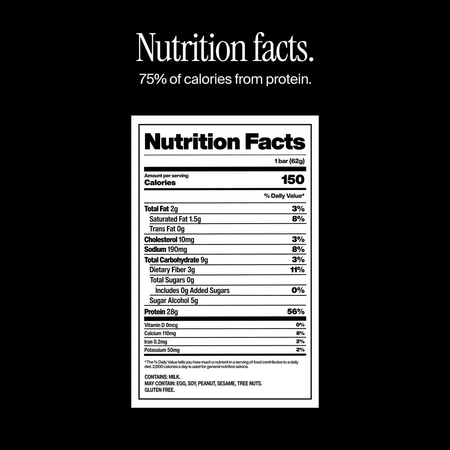 David Gold protein bar Nutrition Facts on black — 150 calories, 75% of calories from protein