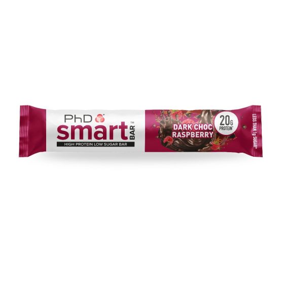 PhD Smart Dark Choc Raspberry high protein low sugar bar, single wrapped bar front, 20g protein