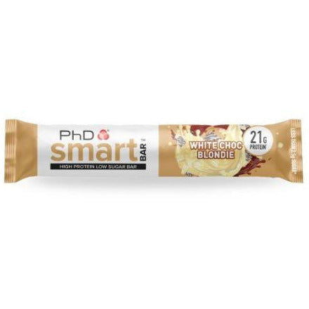 PhD Smart White Choc Blondie high protein low sugar bar, single wrapped bar front, 21g protein