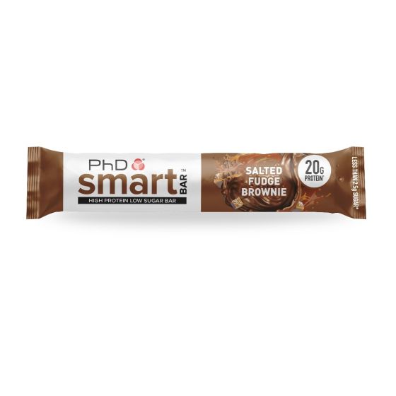 PhD Smart Salted Fudge Brownie high protein low sugar bar, single wrapped bar front, 20g protein