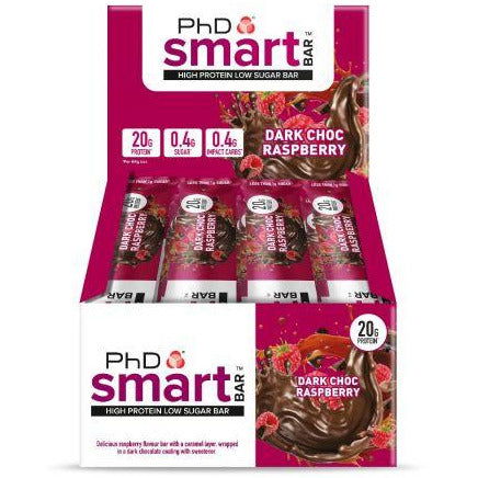 PhD Smart Dark Choc Raspberry protein bar, magenta retail box of 12 bars, high protein low sugar