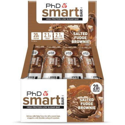 PhD Smart Salted Fudge Brownie protein bar, brown retail box of 12 bars, high protein low sugar